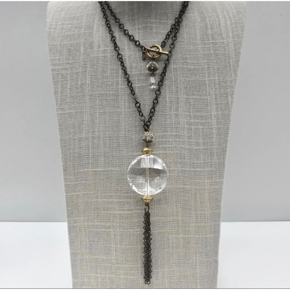 Brass Long Tassel Necklace Faceted Glass Orb Toggle Clasp Boho Premier
